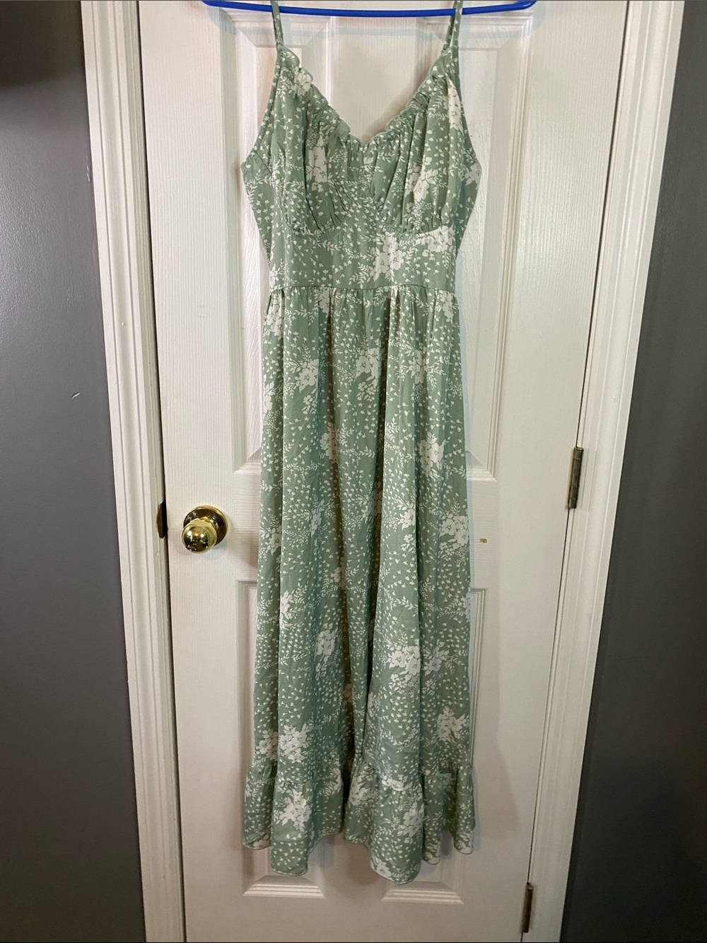 Simple Mint Green Floral Maxi Dress with White Print Flowers Size Small.